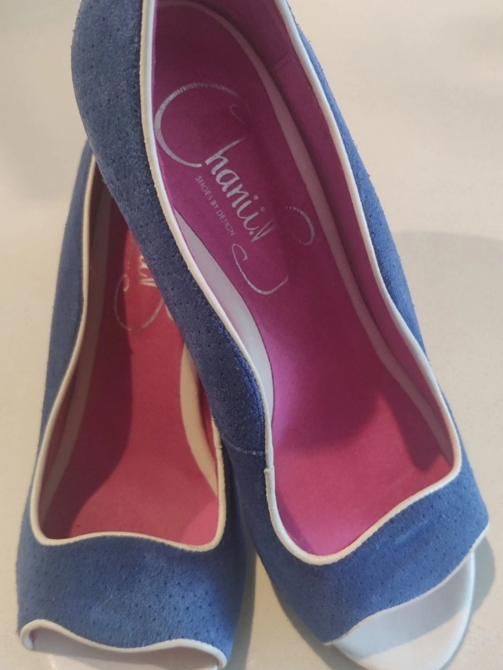 Chanii B Womens 38/7-7.5 Two Tone Blue and Pink Open Toe Suede Leather Heels - Picture 2 of 16